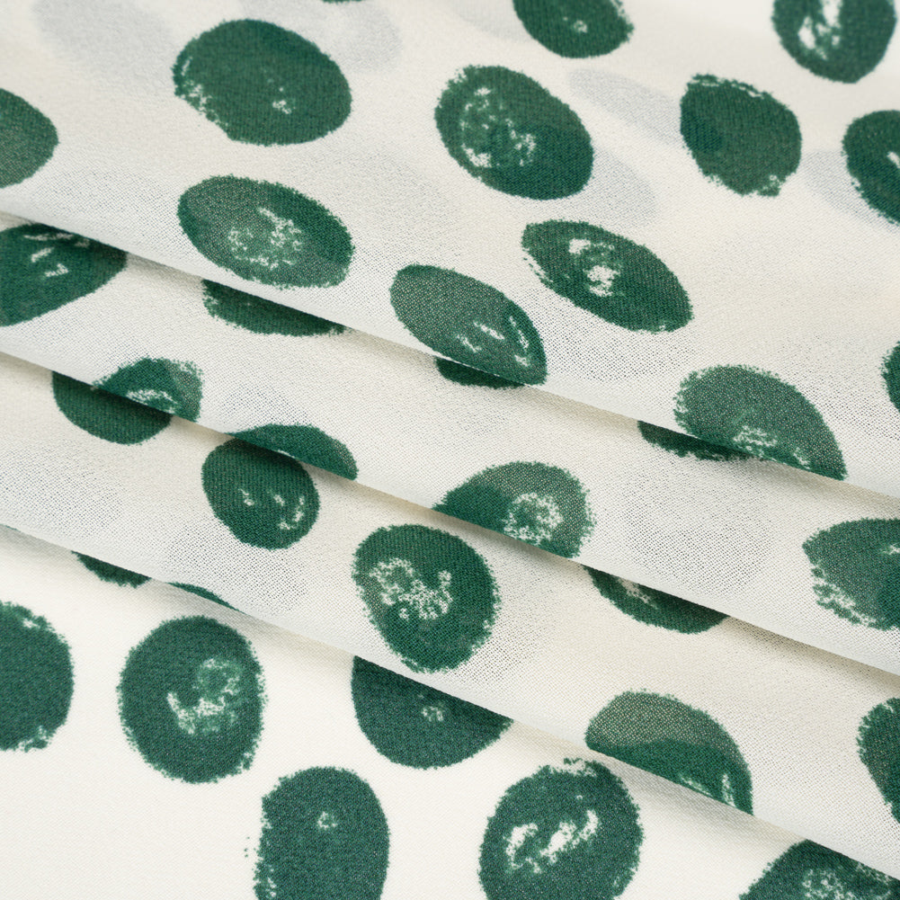 Viscose Georgette Print - Forest Green and Cream Hand-Drawn Spots - Designer Deadstock - Folded