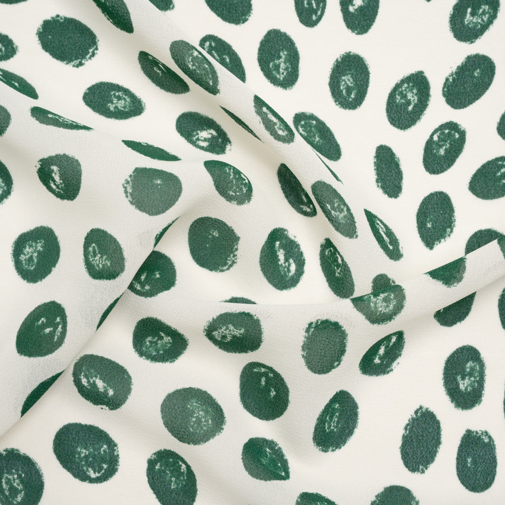 Viscose Georgette Print - Forest Green and Cream Hand-Drawn Spots - Designer Deadstock