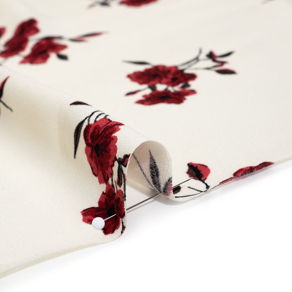 Sustainable Viscose Crepe Print - Scarlet Red and Cream Floral - Designer Deadstock - Detail