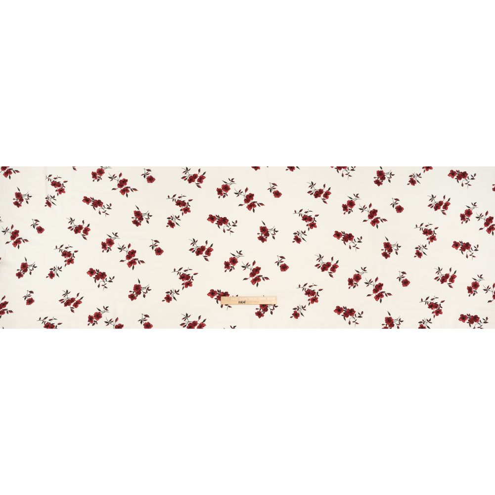 Sustainable Viscose Crepe Print - Scarlet Red and Cream Floral - Designer Deadstock - Full