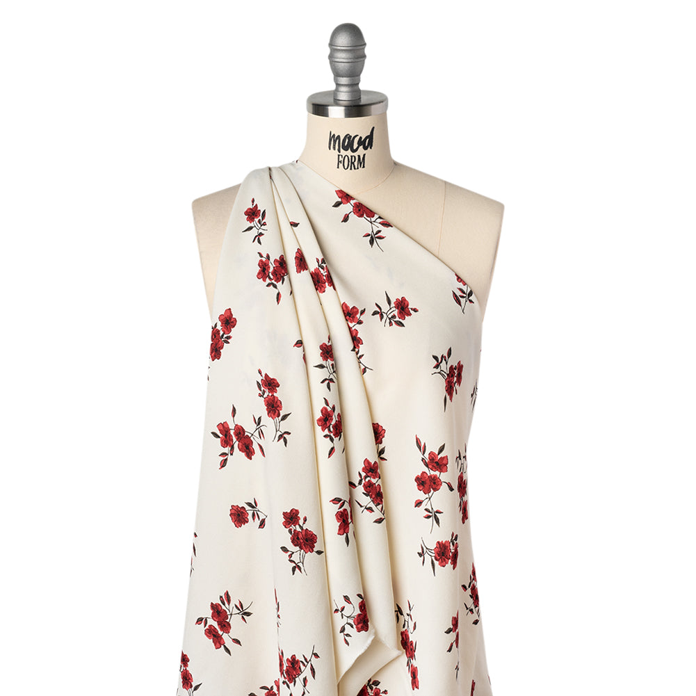 Sustainable Viscose Crepe Print - Scarlet Red and Cream Floral - Designer Deadstock - Drape