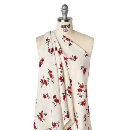 Sustainable Viscose Crepe Print - Scarlet Red and Cream Floral - Designer Deadstock