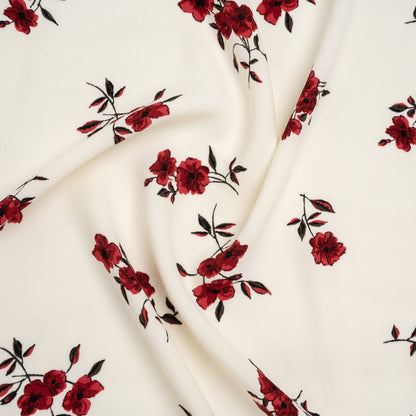 Sustainable Viscose Crepe Print - Scarlet Red and Cream Floral - Designer Deadstock
