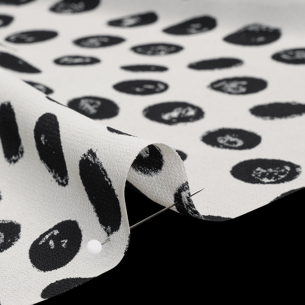 Viscose Georgette Print - Black and Cream Hand-Drawn Spots - Designer Deadstock - Detail