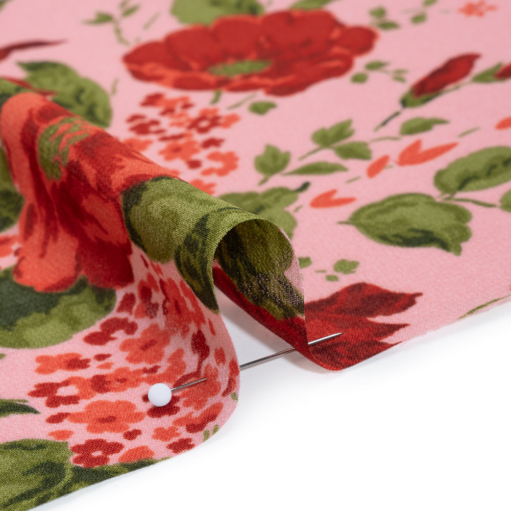 Viscose Georgette Print - Hot Pink, Deep Cherry Red and Moss Green Floral - Designer Deadstock - Detail
