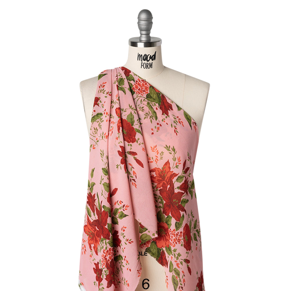 Viscose Georgette Print - Hot Pink, Deep Cherry Red and Moss Green Floral - Designer Deadstock - Drape