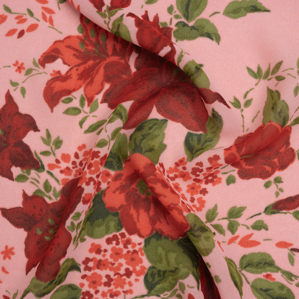 Viscose Georgette Print - Hot Pink, Deep Cherry Red and Moss Green Floral - Designer Deadstock