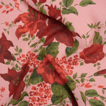 Viscose Georgette Print - Hot Pink, Deep Cherry Red and Moss Green Floral - Designer Deadstock
