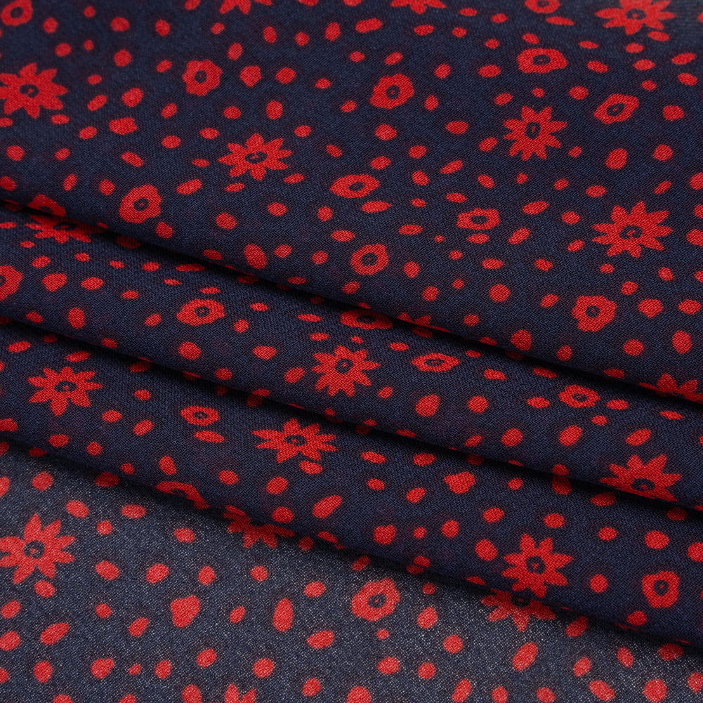 Viscose Georgette Print by The Reformation - Midnight Blue and Ruby Red Floral - Deadstock - Folded