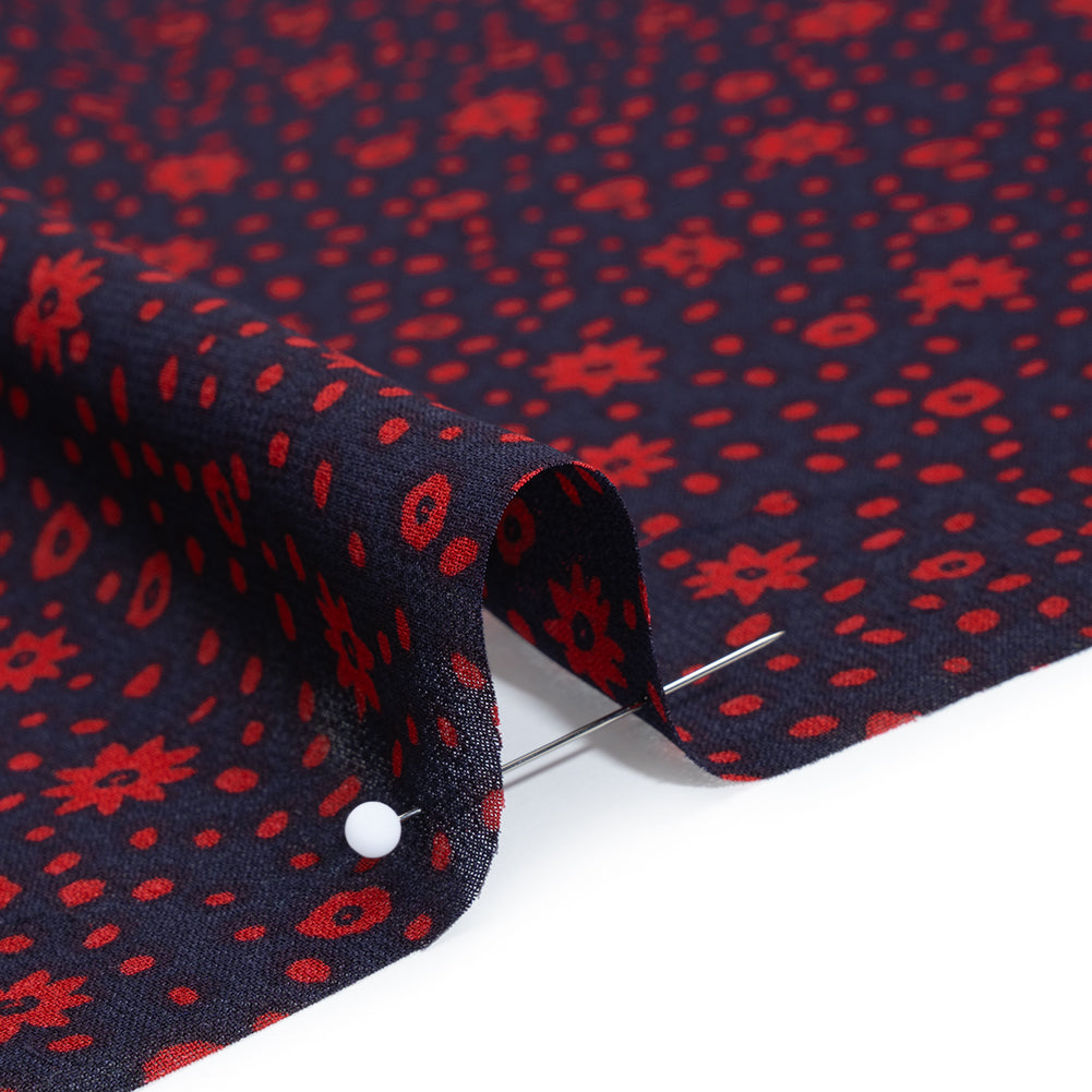 Viscose Georgette Print by The Reformation - Midnight Blue and Ruby Red Floral - Deadstock - Detail