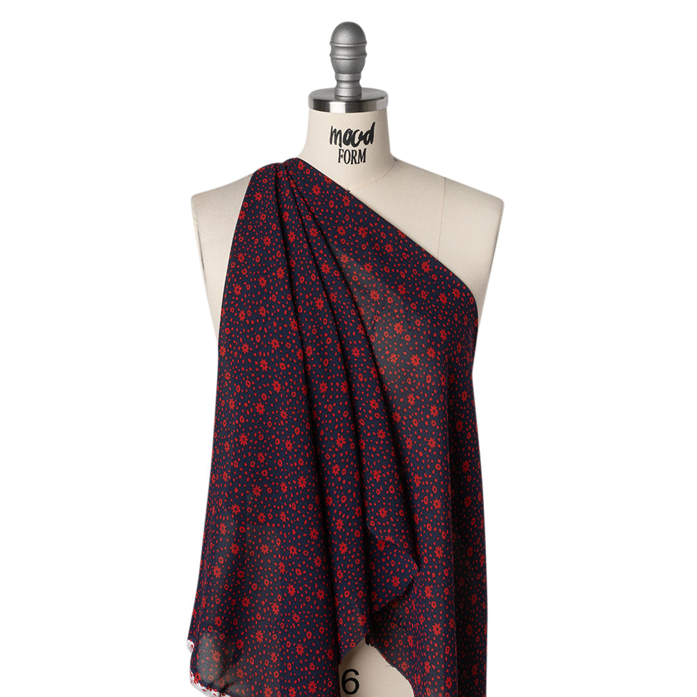 Viscose Georgette Print by The Reformation - Midnight Blue and Ruby Red Floral - Deadstock - Drape