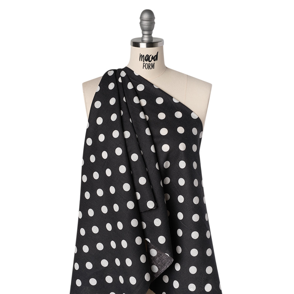 Linen and Cotton Woven Print - Black and Ivory Polka Dots - Famous Australian Designer Deadstock