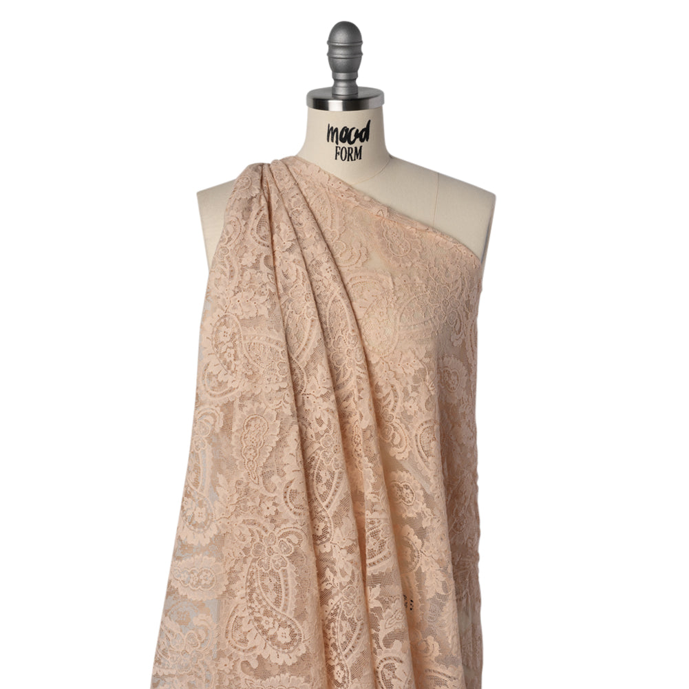 Cotton Blend Re-Embroidered Lace with Scalloped Edges - Dusty Peach Paisley - Famous Australian Famous Australian Designer Deadstock
