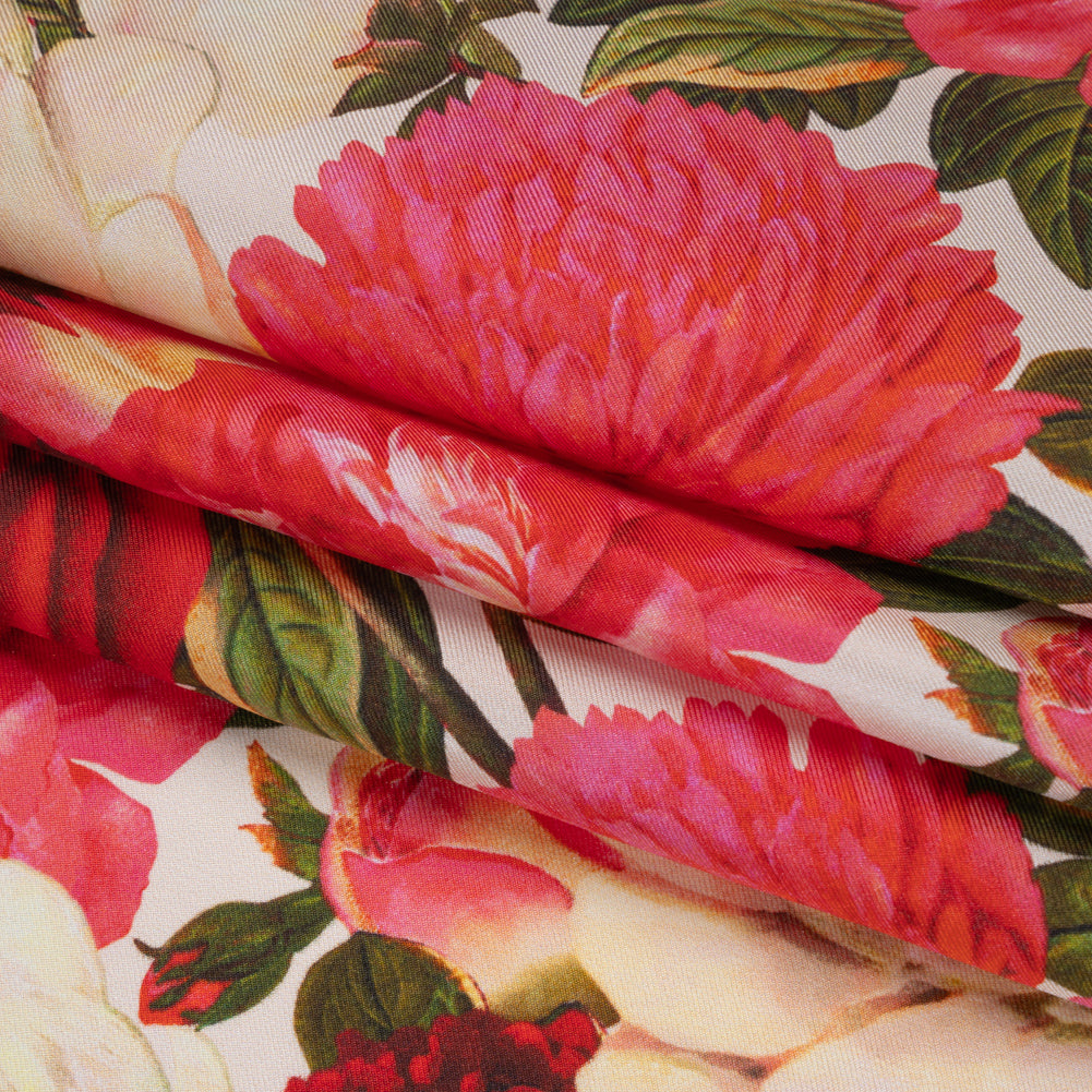 Silk Twill Print - Pink, Red and Ivory Roses - Famous Australian Designer Deadstock