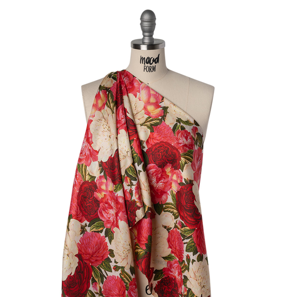 Silk Twill Print - Pink, Red and Ivory Roses - Famous Australian Designer Deadstock