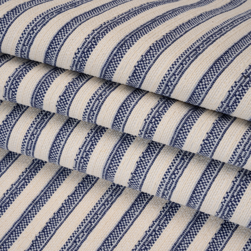 Cotton and Polyester Blend Textured Woven - Navy Blue and Ivory Stripes - Famous Australian Designer Deadstock