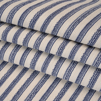 Cotton and Polyester Blend Textured Woven - Navy Blue and Ivory Stripes - Famous Australian Designer Deadstock