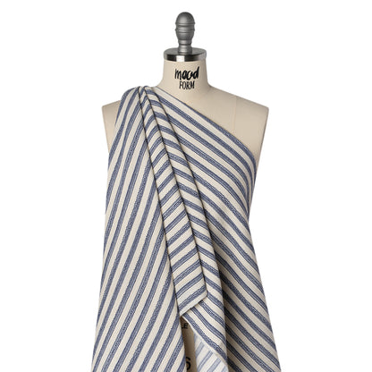 Cotton and Polyester Blend Textured Woven - Navy Blue and Ivory Stripes - Famous Australian Designer Deadstock