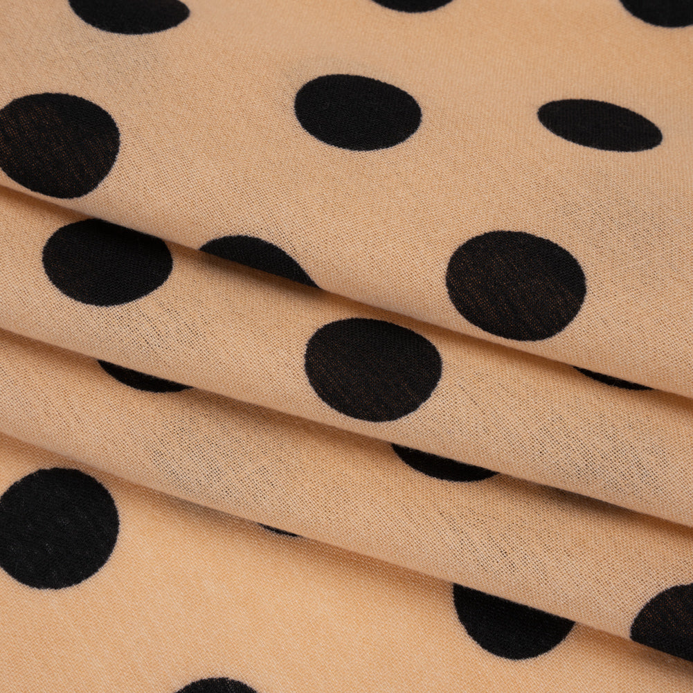Linen-Look Polyester Woven Print - Black and Beige Polka Dots - Designer Deadstock