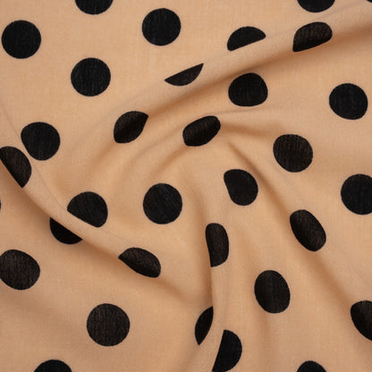 Linen-Look Polyester Woven Print - Black and Beige Polka Dots - Designer Deadstock
