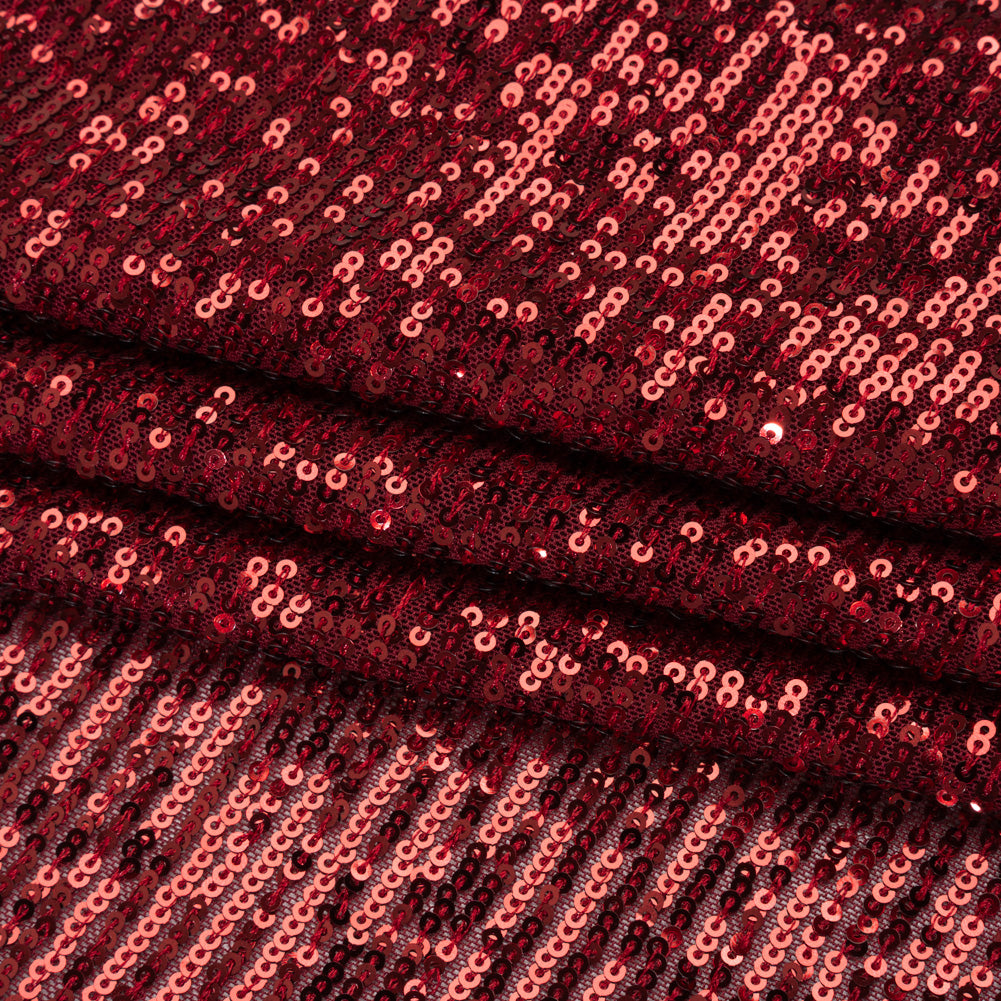Stretch Polyester Mesh with Lines of Sequins - Wine Red Stripes - Designer Deadstock