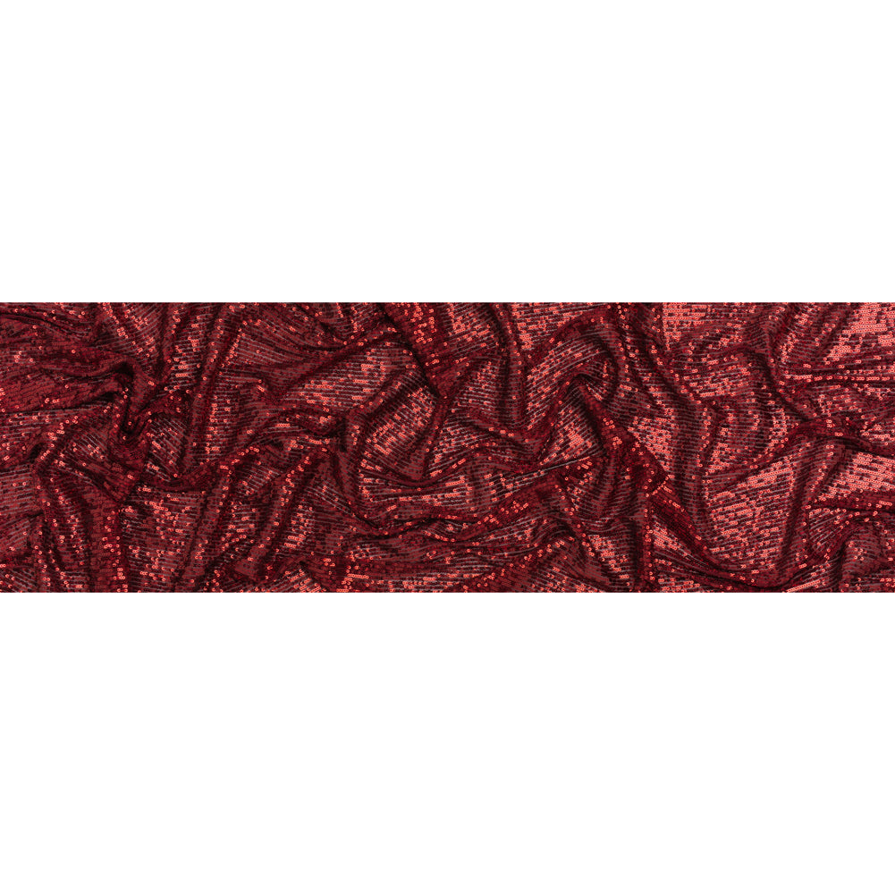 Stretch Polyester Mesh with Lines of Sequins - Wine Red Stripes - Designer Deadstock