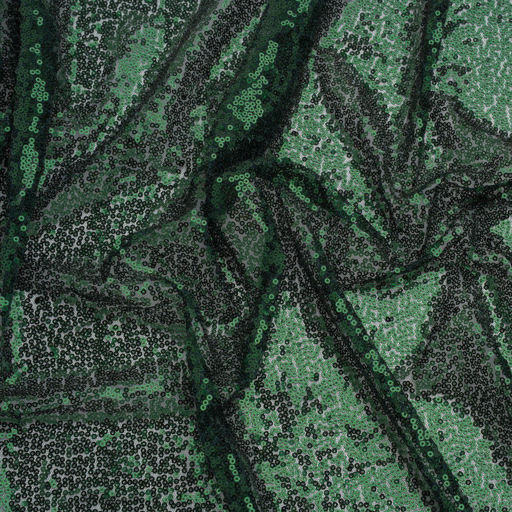 Sequined Polyester Tulle - Emerald Green Abstract Squiggles - Designer Deadstock