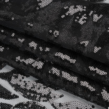 Sequined Polyester Tulle - Black Leaves - Designer Deadstock