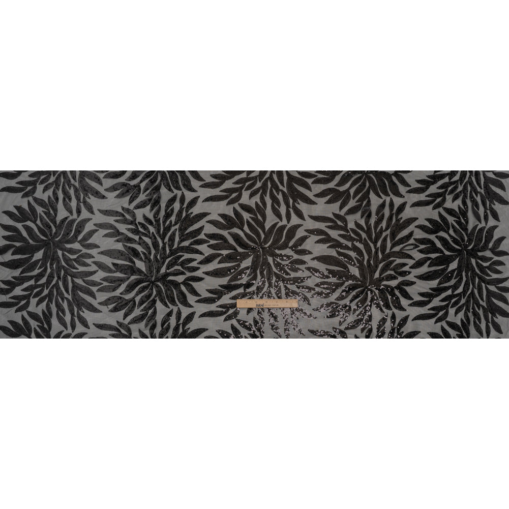 Sequined Polyester Tulle - Black Leaves - Designer Deadstock