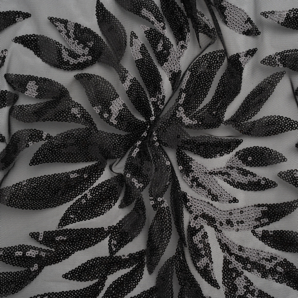 Sequined Polyester Tulle - Black Leaves - Designer Deadstock