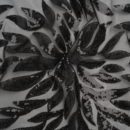 Sequined Polyester Tulle - Black Leaves - Designer Deadstock