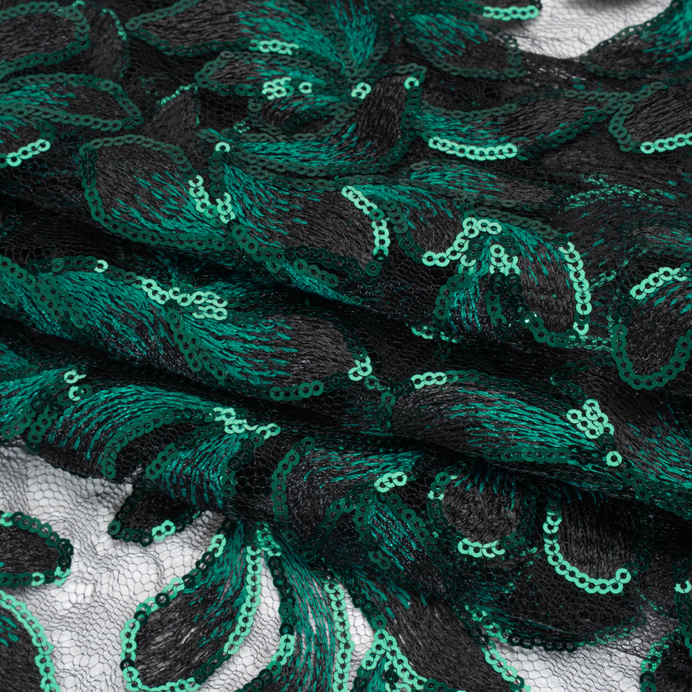 Polyester Lace with Embroidery and Sequins - Black and Green Flowers - Designer Deadstock