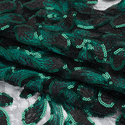 Polyester Lace with Embroidery and Sequins - Black and Green Flowers - Designer Deadstock