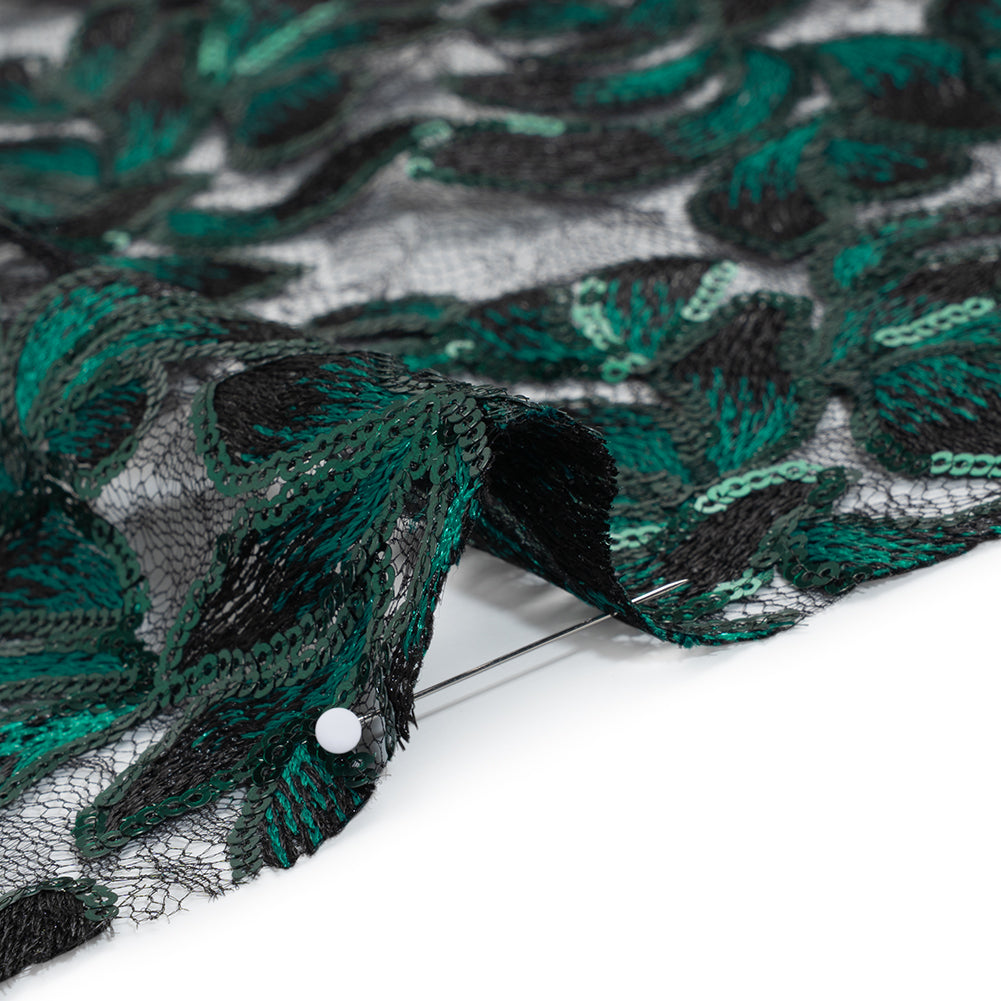Polyester Lace with Embroidery and Sequins - Black and Green Flowers - Designer Deadstock