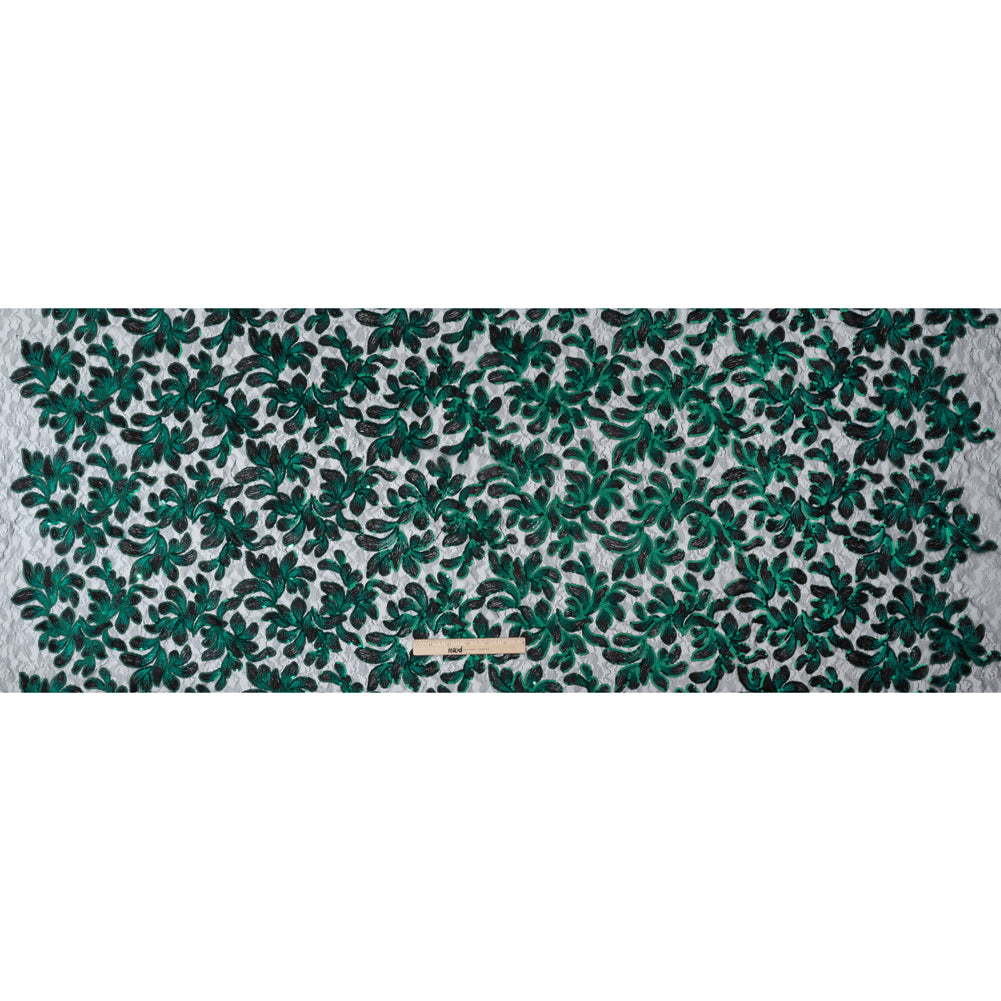 Polyester Lace with Embroidery and Sequins - Black and Green Flowers - Designer Deadstock