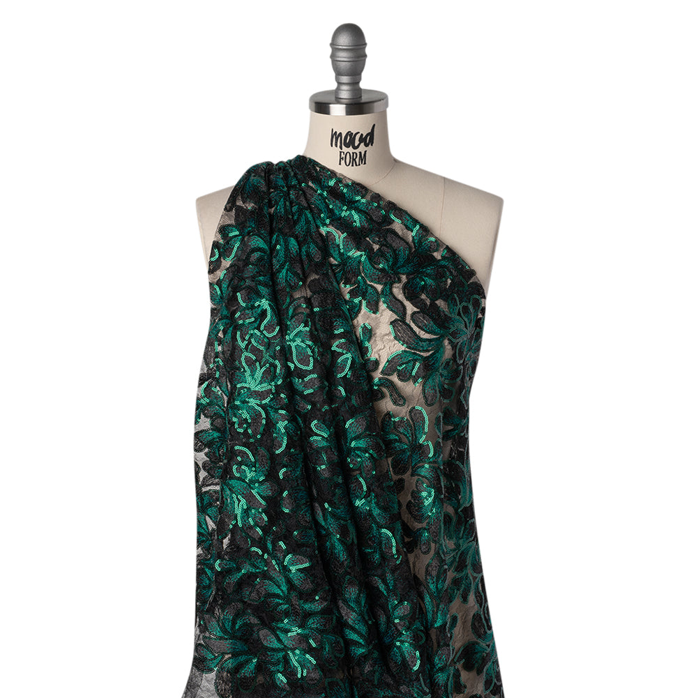 Polyester Lace with Embroidery and Sequins - Black and Green Flowers - Designer Deadstock