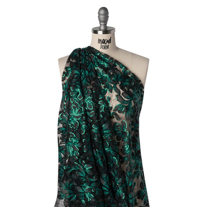 Polyester Lace with Embroidery and Sequins - Black and Green Flowers - Designer Deadstock