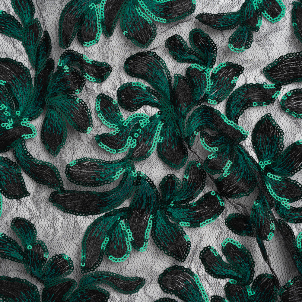 Polyester Lace with Embroidery and Sequins - Black and Green Flowers - Designer Deadstock