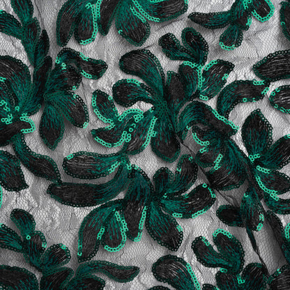 Polyester Lace with Embroidery and Sequins - Black and Green Flowers - Designer Deadstock