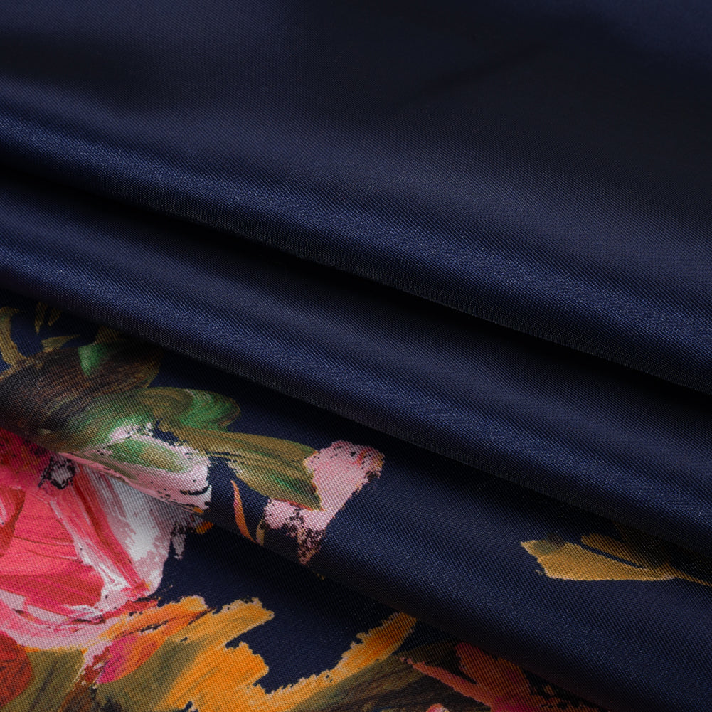 Polyester Twill Print - Navy, Pink and Olive Green Painterly Floral Border - Designer Deadstock