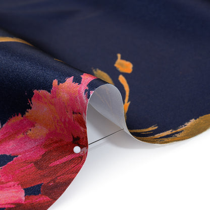 Polyester Twill Print - Navy, Pink and Olive Green Painterly Floral Border - Designer Deadstock