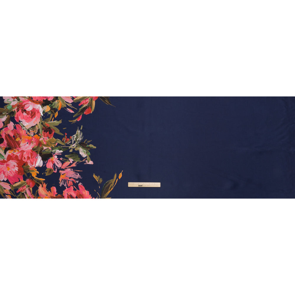 Polyester Twill Print - Navy, Pink and Olive Green Painterly Floral Border - Designer Deadstock