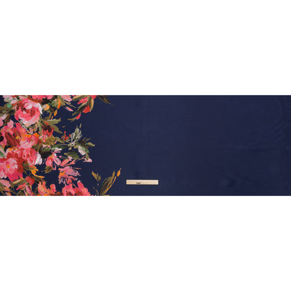 Polyester Twill Print - Navy, Pink and Olive Green Painterly Floral Border - Designer Deadstock