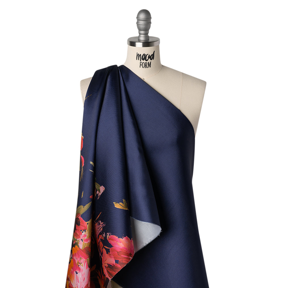Polyester Twill Print - Navy, Pink and Olive Green Painterly Floral Border - Designer Deadstock