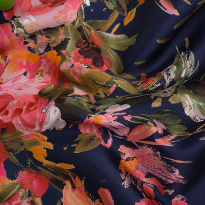 Polyester Twill Print - Navy, Pink and Olive Green Painterly Floral Border - Designer Deadstock