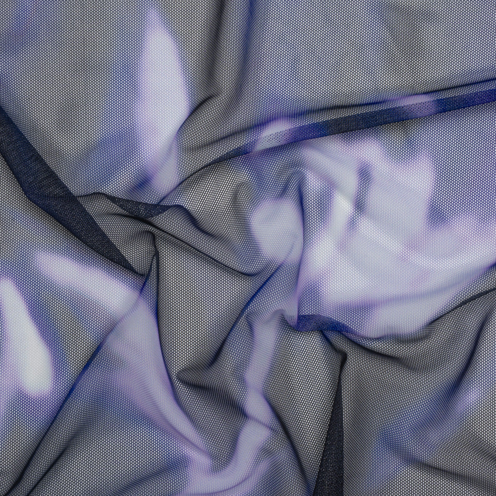 Stretch Polyester Mesh Print - Pale Purple, Ultramarine Blue and Black Abstract Tie Dye - Designer Deadstock