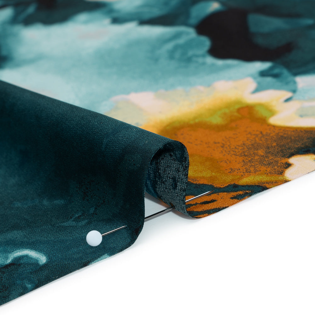 Stretch Polyester Charmeuse - Black, Blue and Yellow Abstracted Watercolor Florals - Designer Deadstock