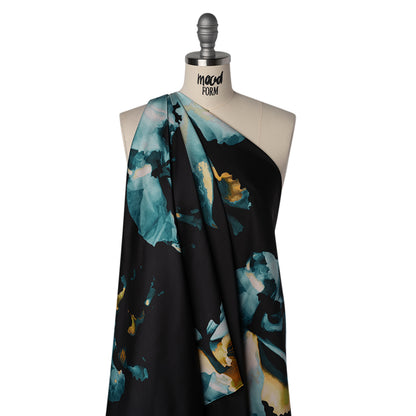 Stretch Polyester Charmeuse - Black, Blue and Yellow Abstracted Watercolor Florals - Designer Deadstock