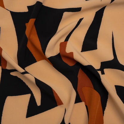 Stretch Polyester Crepe de Chine Print - Beige, Burnt Orange and Black Abstract - Designer Deadstock