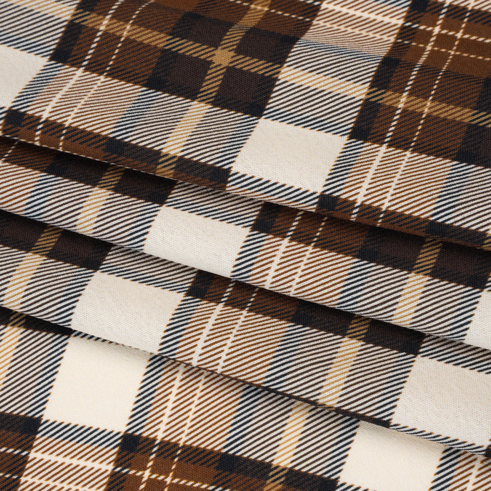Stretch Polyester Crepe - Brown, Beige and Navy Diagonal Plaid - Designer Deadstock
